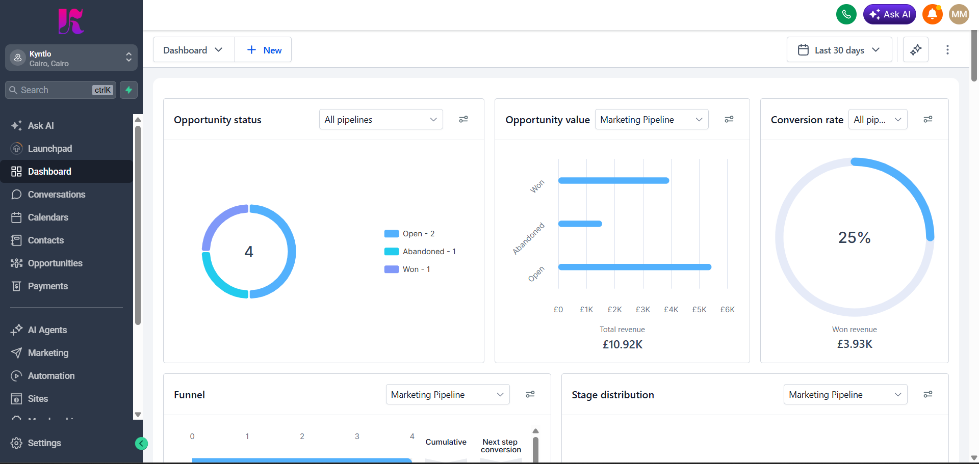 Kyntlo dashboard interface showing pipeline, conversations, and reporting